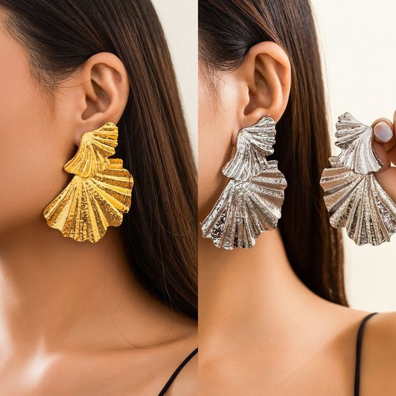 Metal Double Fan-Shaped Stud Earrings, Runway Model Style,Temperament Trendy Item_voghion.com