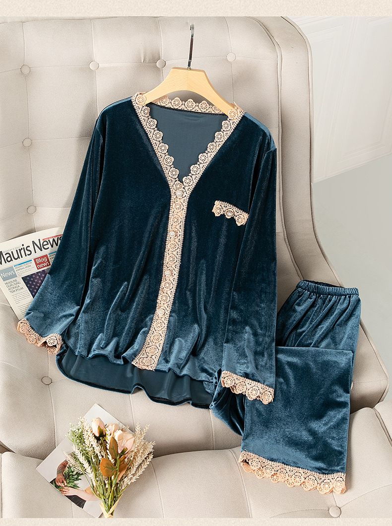 Bielizna i odzież nocna Piżama z aksamitu w kolorze złotym Zestaw odzieży domowej z aksamitu dla kobiet – piżama z dekoltem w serek i długim rękawem oraz koronkową lamówką, wygodna odzież domowa i gotowa na każdą stylizację_voghion.com