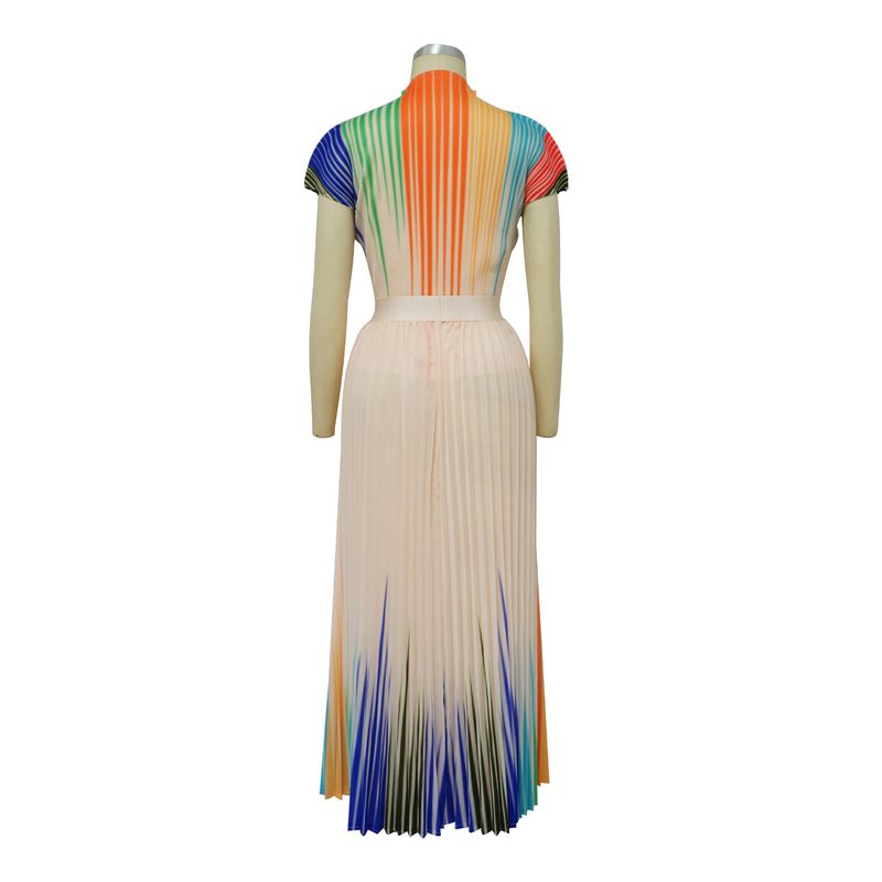 Ženska obleka z okroglim izrezom in kratkimi rokavi, potiskanim nagubanim krilom_voghion.com