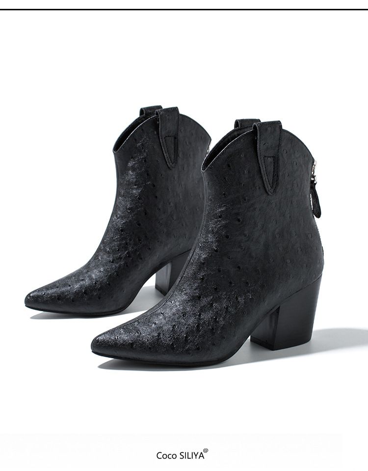 Women's Black Pointed Toe Chunky Heel Ankle Boots - Fashionable Bare Booties For Autumn/Winter_voghion.com