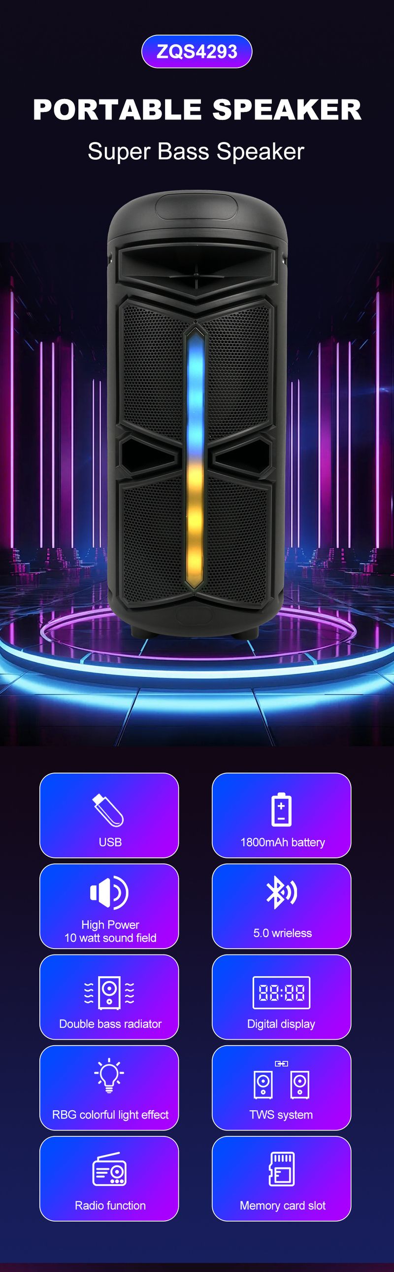 ZQS4293 Dual Speaker 4-inch Bluetooth Audio Heavy Bass Outdoor Convenient Long Battery Life Small Speaker_voghion.com