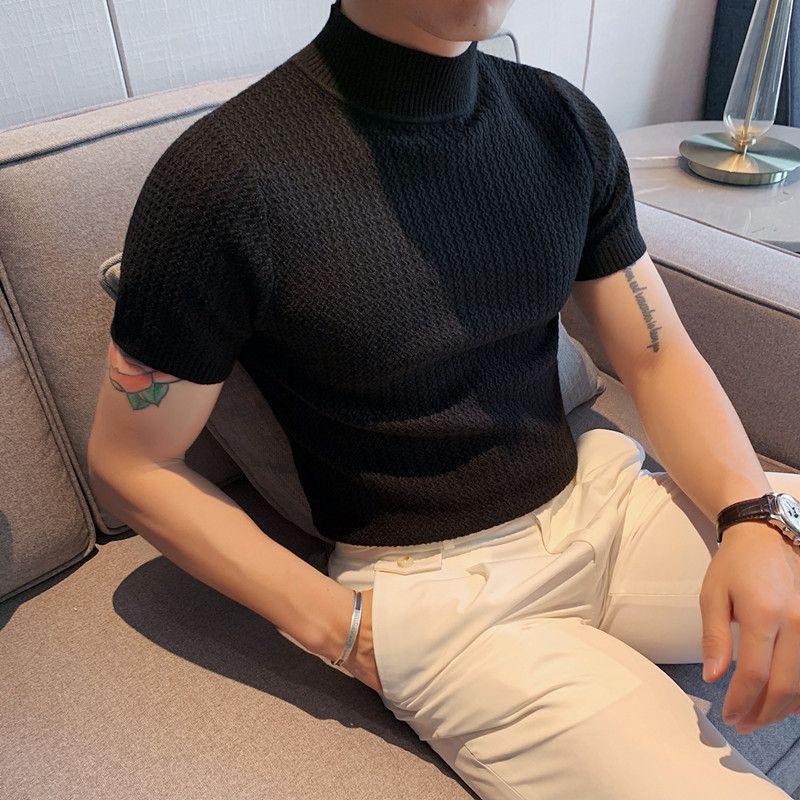 Frühling Herren Slim Fit Halbrollkragen Lässige Mode Hübsches T-Shirt Mittelhals Kurzarm Strickpullover Basis_voghion.com