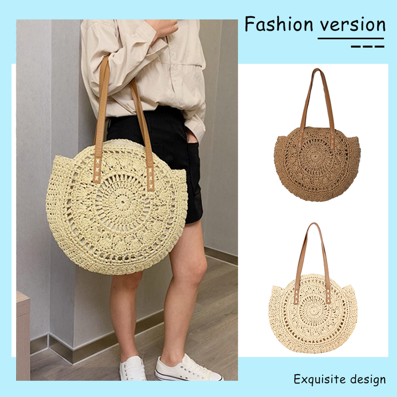 Borsa a tracolla grande intrecciata vintage da spiaggia in paglia rotonda da donna 2023, in rafia, con cerchio in rattan, bohémien, estate, vacanze, boho_voghion.com