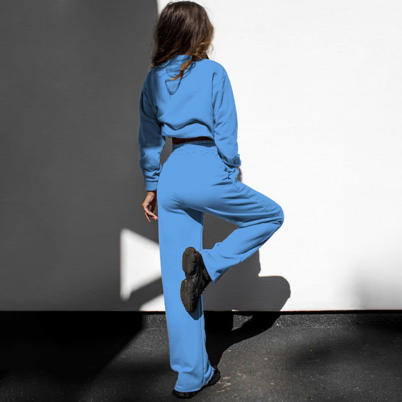 Women's solid color zipper double bag drawstring long sleeve shirt fashion casual long pantsuit_voghion.com