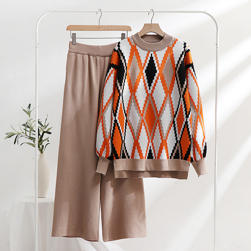 Damenbekleidung, abstrakter Jacquard, locker, schlank, sportlich, modisch, lässig, gestrickter Wollanzug, zweiteiliges Set für Damen_voghion.com