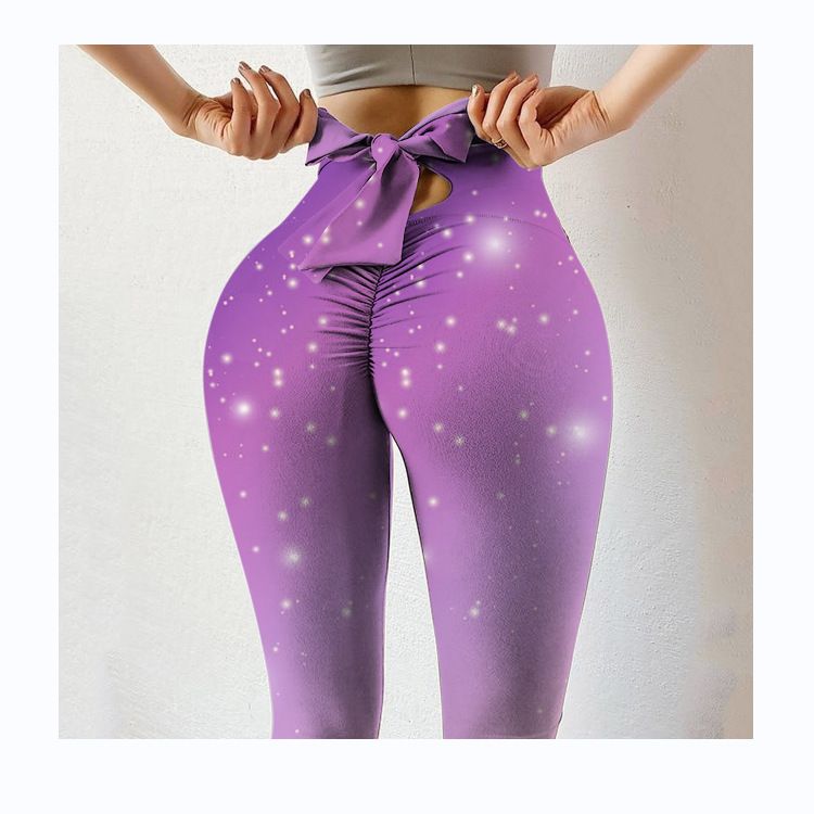 Pantaloni da yoga da yoga da donna con stampa multicolore antirughe sull'anca, dimagranti a vita alta, con fiocco elasticizzato_voghion.com