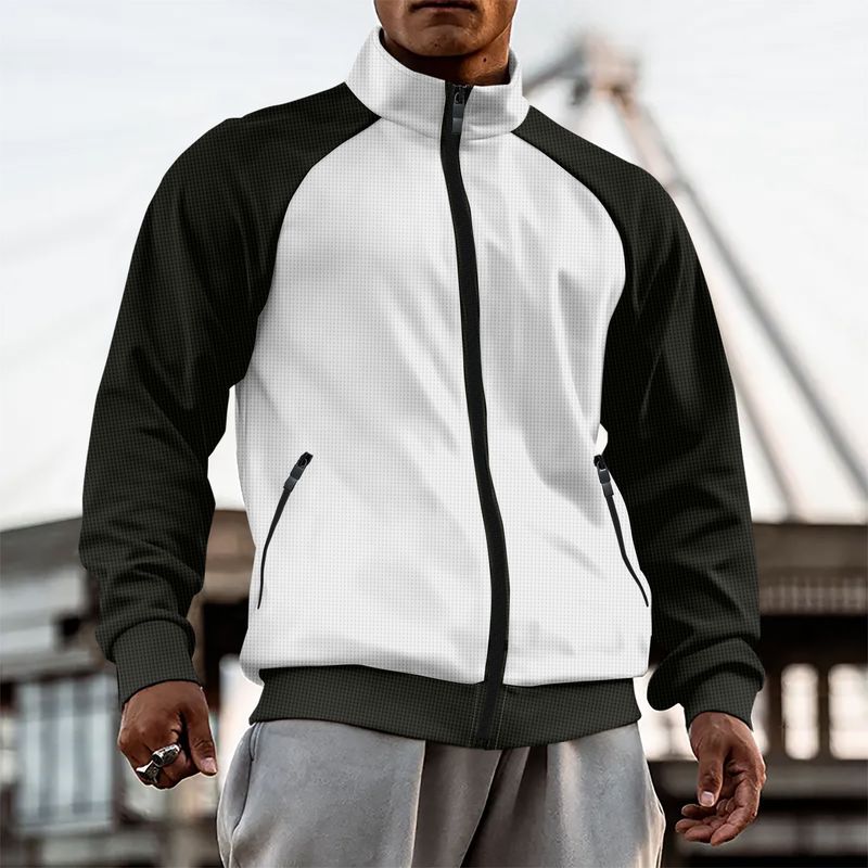 Herrenbekleidung Neue Herbst-Winter-Herrenjacke mit Waffelmuster, Farbblock-Reißverschluss, langen Ärmeln, Stehkragen und äußerem Sweatshirt_voghion.com