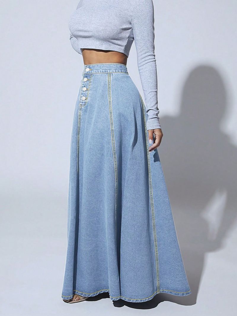 Design Sense: Single Breasted Denim Skirt, Women's Stylish Big Swing A-line Skirt_voghion.com