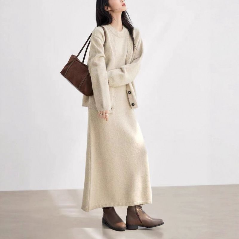 Lazy Style Two-Piece Sweater For Women, Autumn And Winter New Fashionable Elegant Knitted Cardigan, Mid-Length Dress Set_voghion.com