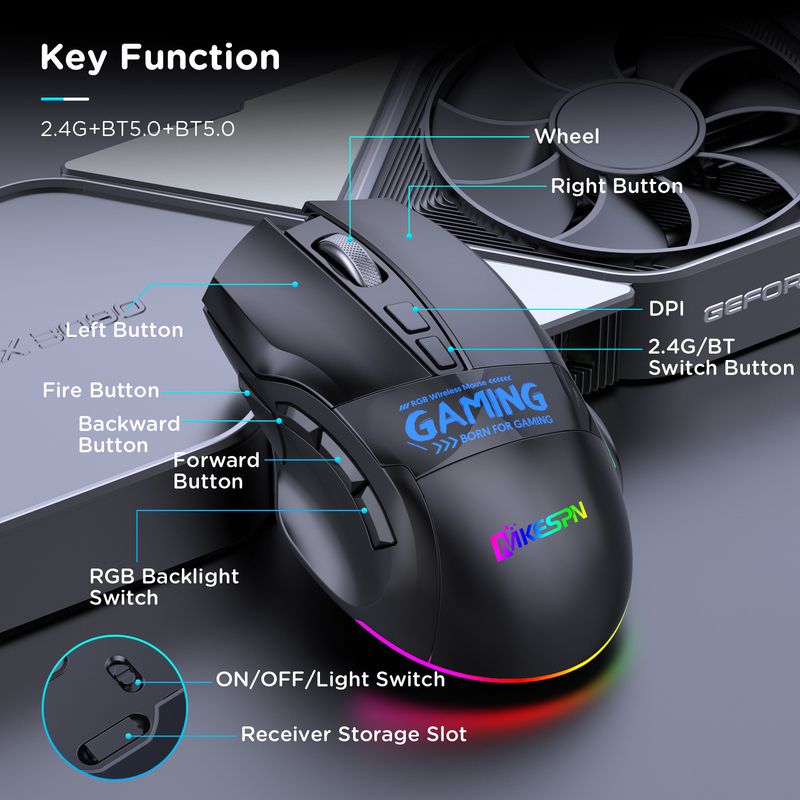 Mouse da gioco wireless Bluetooth a 9 tasti e doppia modalità 2.4G con personalizzazione macro, frequenza di polling di 1000 Hz, design ergonomico_voghion.com