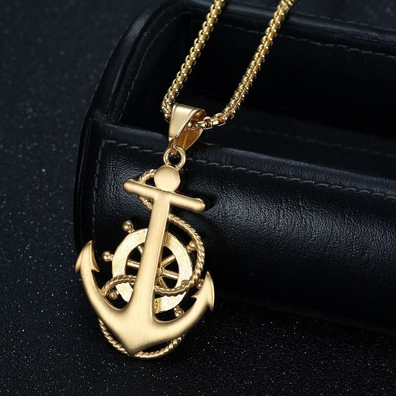 Hip hop jewelry titanium steel vacuum gold plated rhinestone anchor pendant necklace_voghion.com