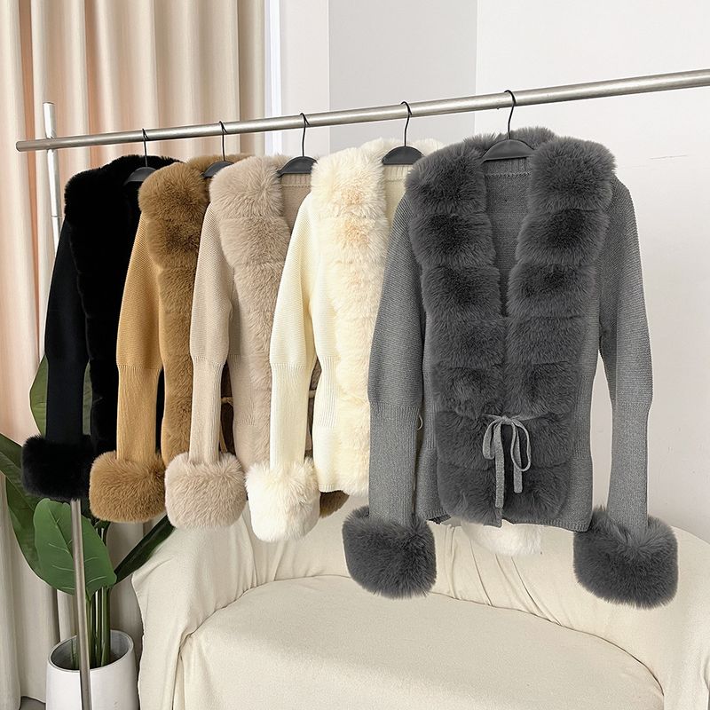 Damenbekleidung Herbst und Winter Strickpullover Pelz Knopfleiste Manschetten Abnehmbarer Strickpullover_voghion.com