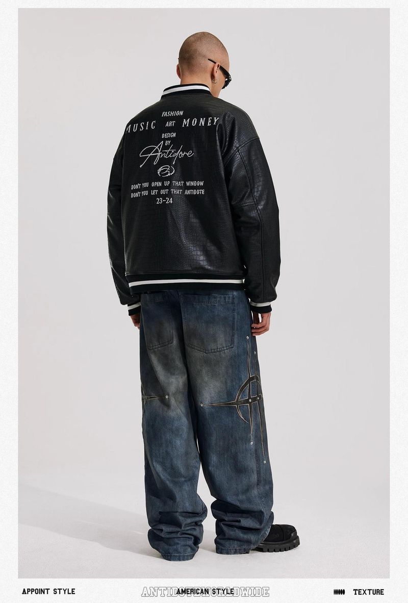 "Retro Streetwear Denim Pants – Loose Straight Fit Jeans With Rivet & Patch Design, Casual Style, Unisex (M-4XL)"_voghion.com