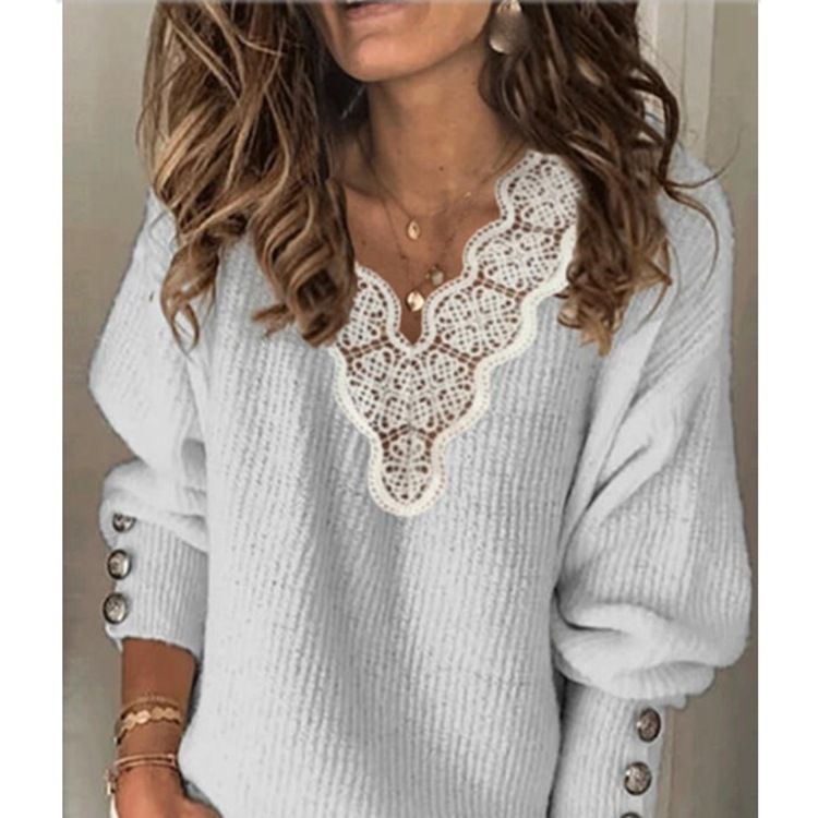 maglione a maniche lunghe allentato con scollo a V in pizzo tinta unita abbigliamento da donna alla moda_voghion.com
