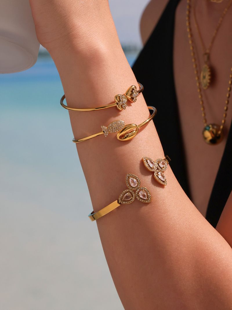 Joyería para mujer, elegante brazalete abierto con diseño de estrella de mar, flor, concha y circonita 5A, ajustable y delicado, diseño único._voghion.com