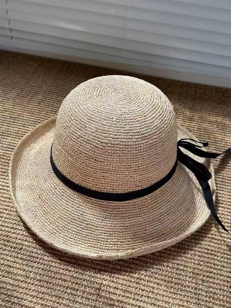 Spring Art Bow Hand-Woven Straw Women's Hat, Wide Brim, Slim Face, Sun Protection, Sun Hat_voghion.com