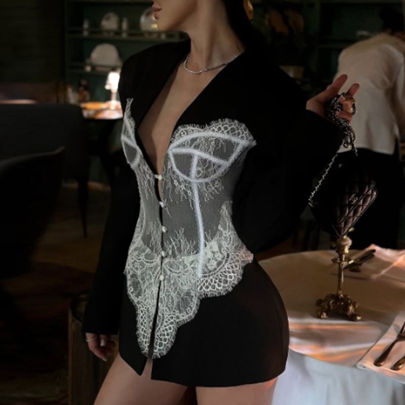 Blazer con corsetto e inserti in pizzo – Giacca slim fit con scollo a V, adatta per lavoro e discoteca (nero floreale, S/M/L/XL)_voghion.com