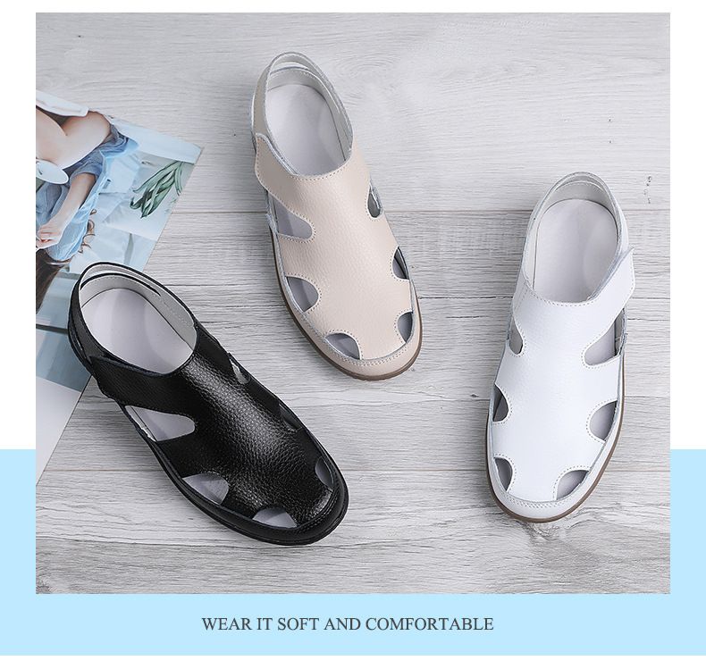 Sandalias de verano de piel auténtica para mujer, cómodas, con punta redonda y suela blanda hueca para mujer_voghion.com
