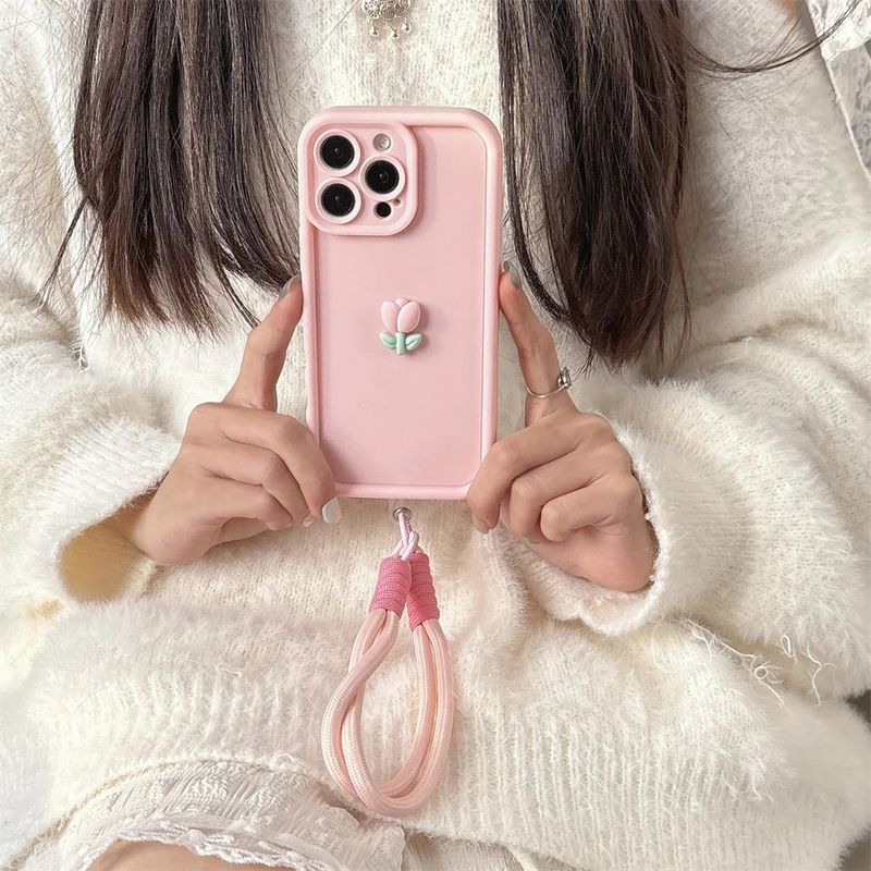 3D Cute Tulip Flower Lanyard Rope Phone Case For IPhone 17 16 15 14 13 12 11 Pro Max 16E X XS XR 7 8 Plus Silicone Soft Cover_voghion.com