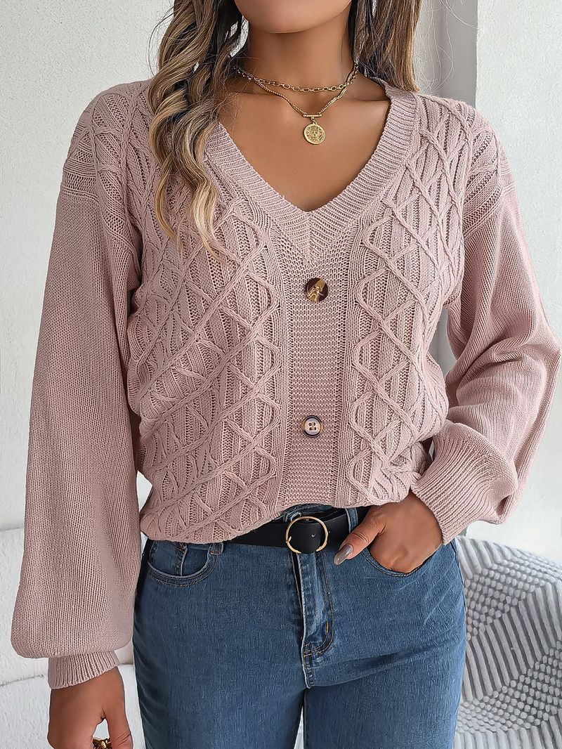 Maglione pullover con maniche a lanterna intrecciate e bottoni casual stile autunno inverno per donna_voghion.com