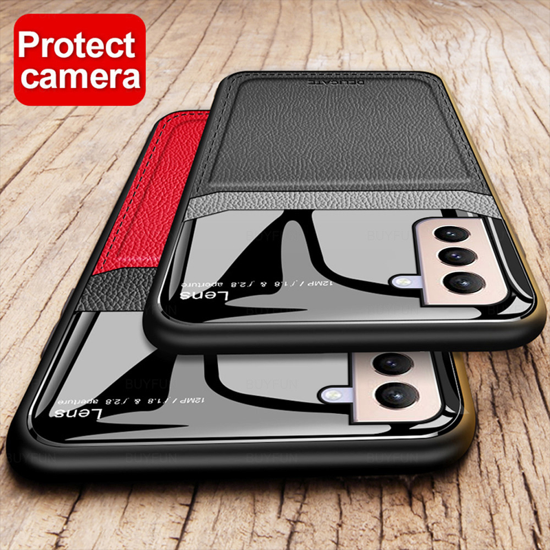 Leder Spiegel Glas Telefon Abdeckung Für Samsung S21 FE 5G 6,4 zoll PU Stoßfest Telefon Zurück Fall Für_voghion.com