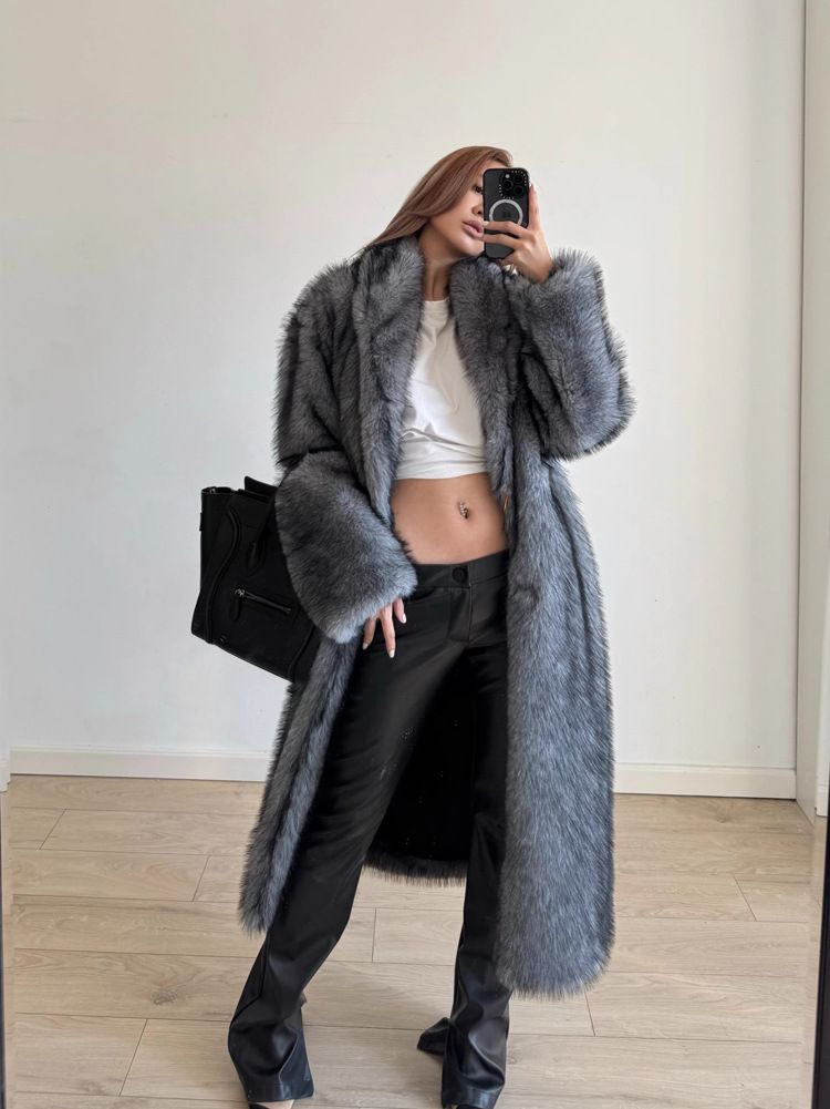 Women's Clothing Women's Faux Fur Coat - Long Plush Teddy Jacket With Scarf Collar_voghion.com