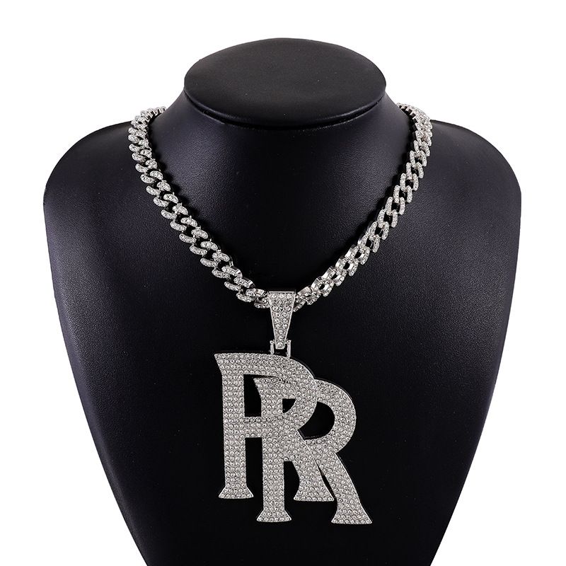 Hip Hop Large Double R Letter Exaggerated Alloy Pendant Gold Cuban Necklace For Men_voghion.com