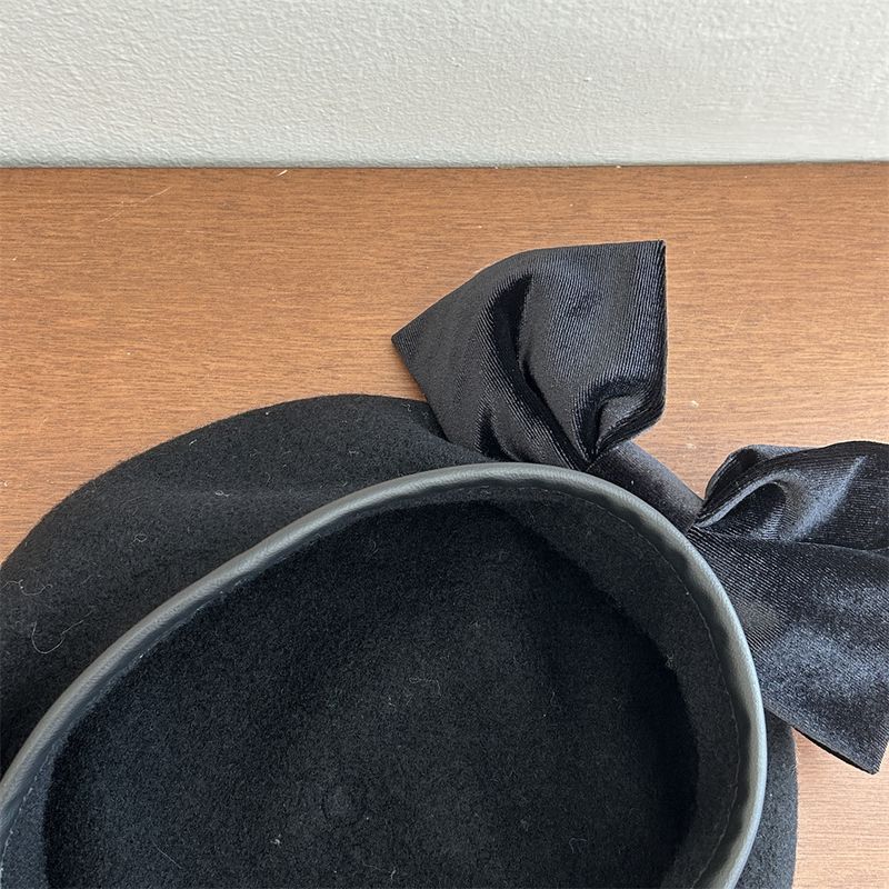 Samt Große Schleife Süße Stil Dünne Gesicht Schwarz Wolle Pilz Kappe Baskenmütze_voghion.com