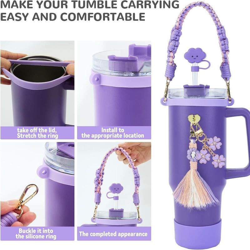 Silicone Grip Daisy Accessory Set 4-Piece Cup Sleeve With Cloud Shaped Straw Lid Colorful Hand Strap Floral Tassel Keychain Fits 16-30oz Tumblers_voghion.com