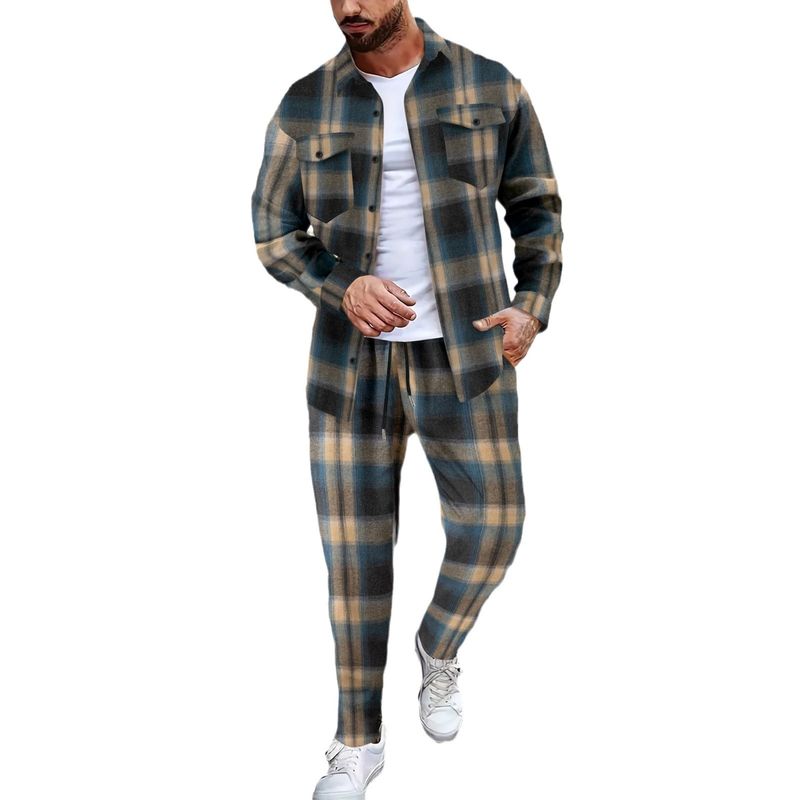 Neues Herren-Set mit kariertem Langarmhemd und Hose im Herbstlook – sportlich-lässig_voghion.com