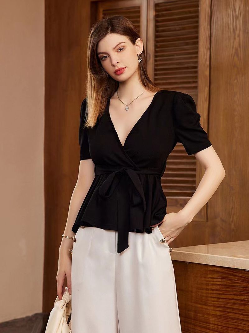 Women's Clothing Lace Belt Top T-shirt Fashion Casual Knit Style Tops_voghion.com