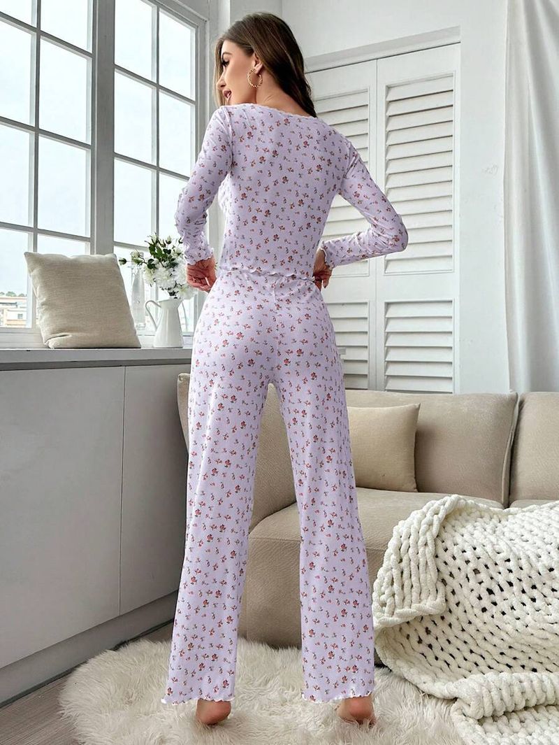 Ensemble de pyjama côtelé pour femme - Pyjama sexy à manches longues et col en V (2 pièces) pour toutes les saisons_voghion.com