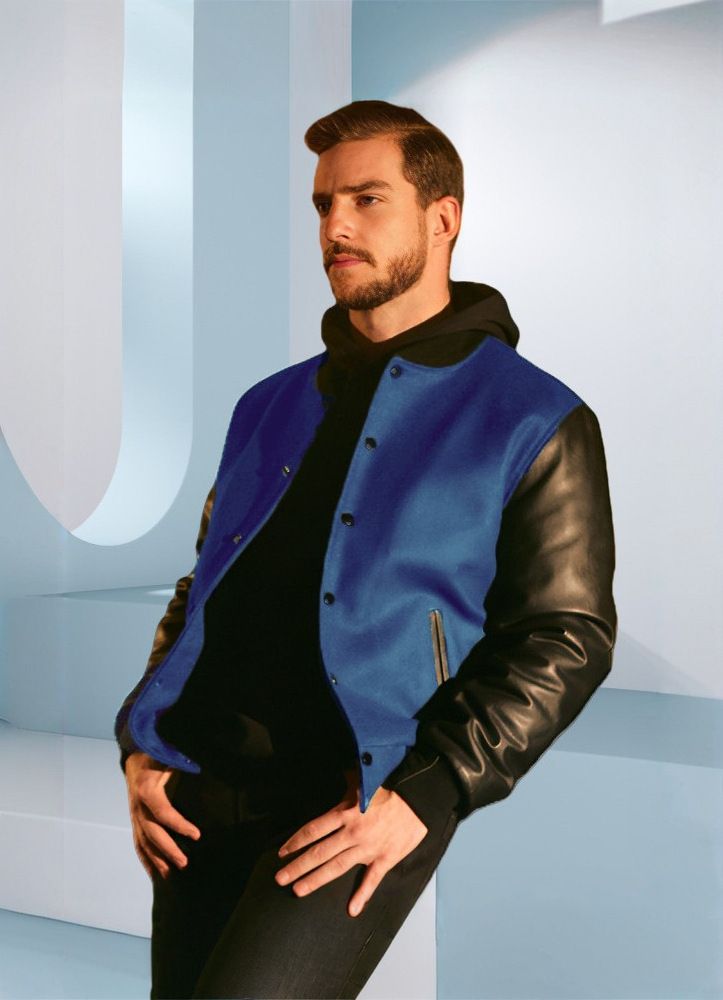 Chaqueta de béisbol con mangas de PU para hombre: abrigo ajustado de mezcla de lana con cuello con muescas y bolsillos laterales (azul marino, verde y amarillo, tallas S-XXL)_voghion.com