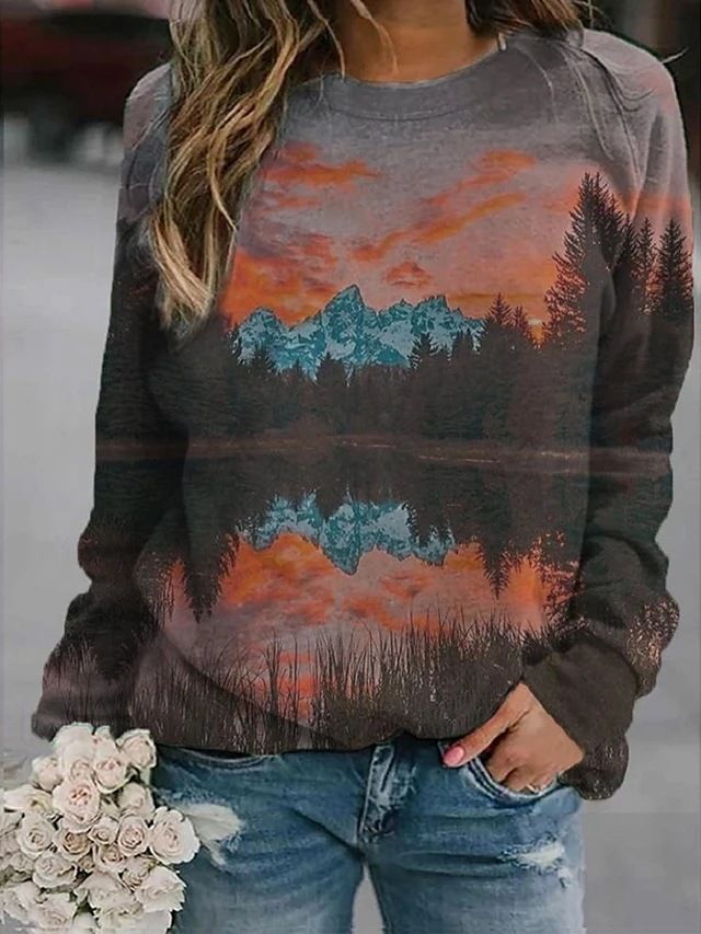 Felpa con cappuccio a maniche lunghe con stampa floreale e paesaggio da donna 2022_voghion.com