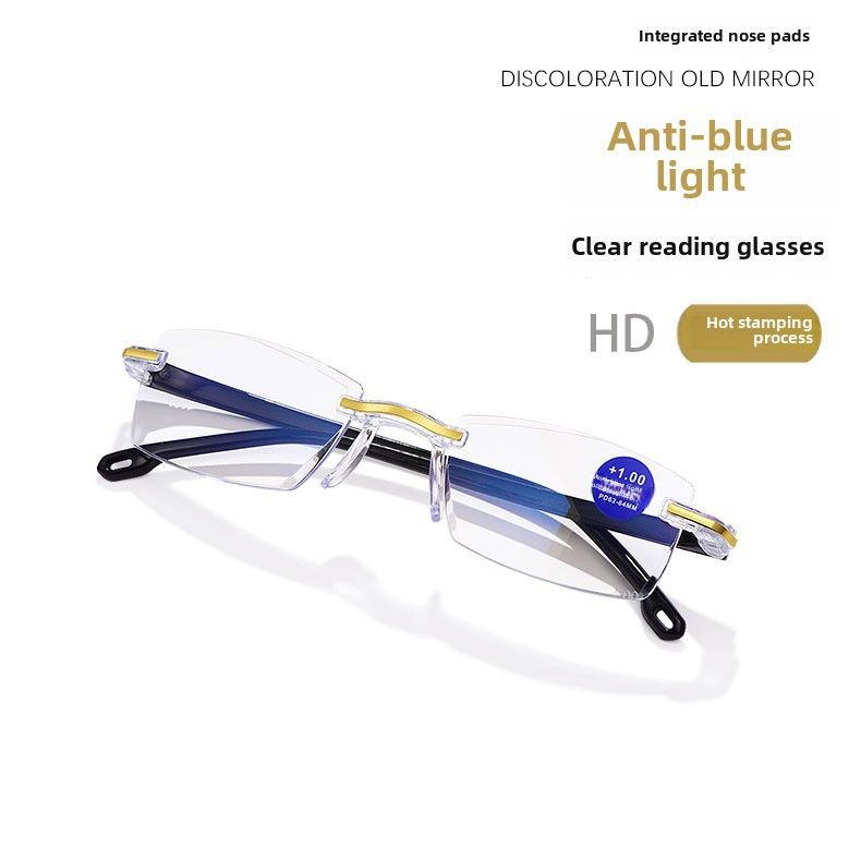 Nuovi occhiali presbiti anti-luce blu piccoli occhiali gialli senza montatura integrati con bordo diamantato per la corsa in strada con luce singola presbite_voghion.com