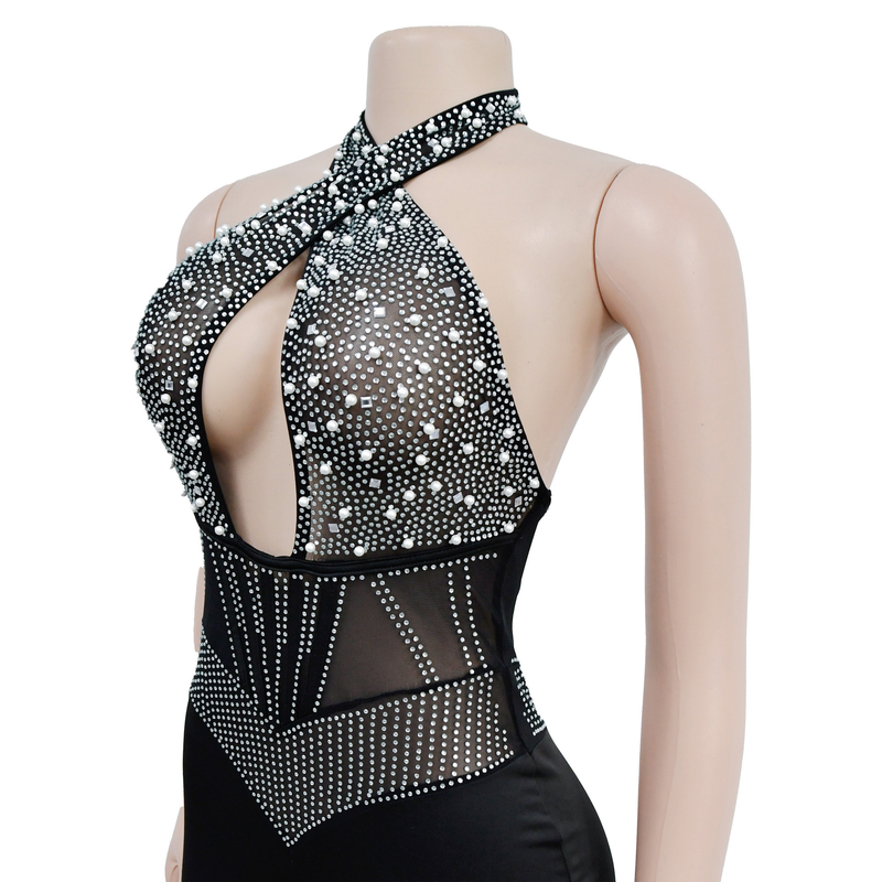 Women's mesh mesh perm beads sleeveless shorts jumpsuit_voghion.com
