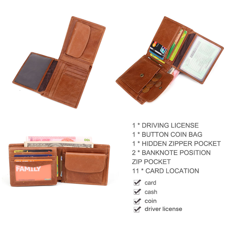 GENODERN Cow Leather Men Wallets with Coin Pocket Vintage Male Purse RFID Blocking Genuine Leather Men Wallet with Card_voghion.com