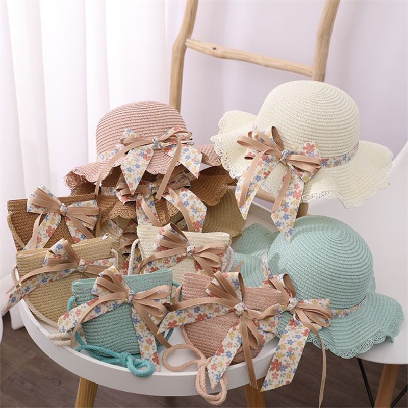 Cappelli di paglia da pescatore pieghevoli da spiaggia per bambini, protezione solare estiva da donna e set di borse_voghion.com