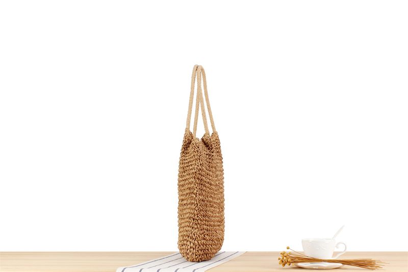 Slouchy Borsa intrecciata a mano in tinta unita Bocca a pieghe Borsa a spalla singola in paglia Borsa per pendolari per le vacanze_voghion.com