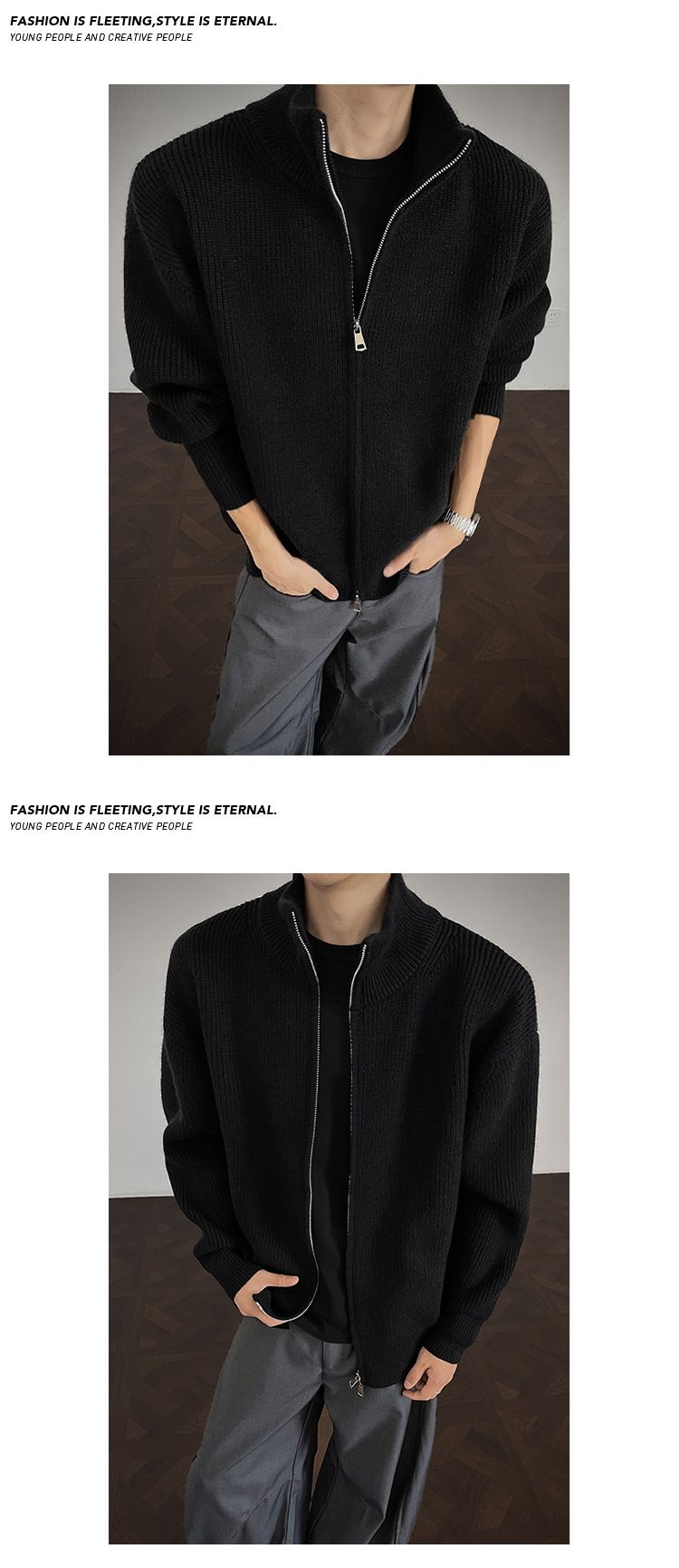 Unisex-Pullovermantel mit Stehkragen und Reißverschluss – Stilvolle Herbststrickmode mit schmaler Passform, Retro-Design und modischem Look_voghion.com