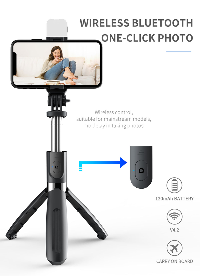 Palanca del disparador automático con luz de llenado, trípode disparador automático expandible de 104 cm, con control remoto inalámbrico, 3 luces_voghion.com