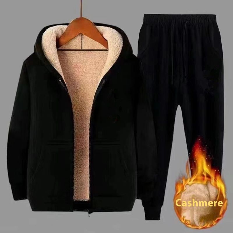 Traje deportivo informal de invierno para hombre, de lana de cordero, cárdigan, sudadera cálida con capucha y pantalones con lazo en las piernas, talla 12_voghion.com