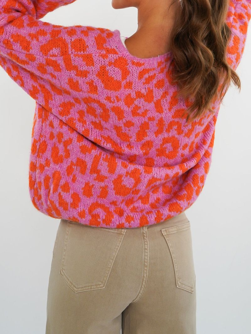 Women's Leopard Print Knit Cardigan – Retro Tie-Front Open Sweater Coat (Black, Green, Orange, Khaki, Burgundy)_voghion.com