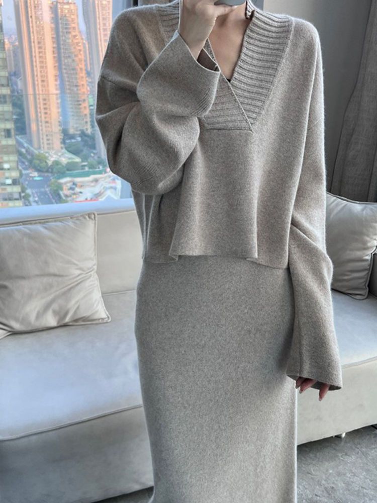 Autumn Winter Korean Drama Style Gentle Salt Series Light Mature High-End Knitted Sweater And Skirt Two-Piece Set For_voghion.com