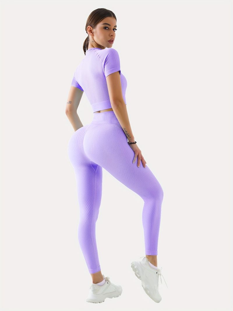 Two-Piece Outdoor Sports Suit - Short Sleeve Navel Top High Waist Solid Color Running Tights, Women's Workout Sets For_voghion.com