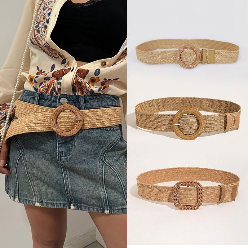 Boho-Strohgürtel mit runder Schnalle, vielseitiges Accessoire für Kleider und Blusen, handgefertigt._voghion.com