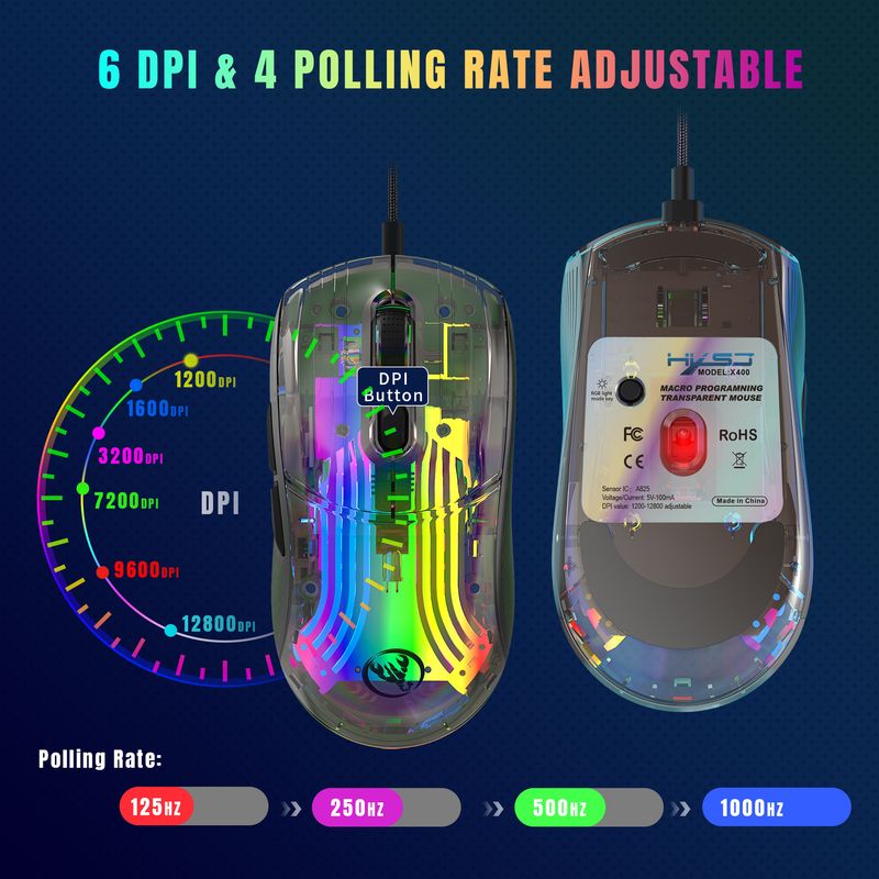 Transparente kabelgebundene Gaming-Maus, 7-Tasten-Makroprogrammierung, geflochtenes Kabel, 12800 dpi RGB-Hintergrundbeleuchtung, eSports-Maus_voghion.com