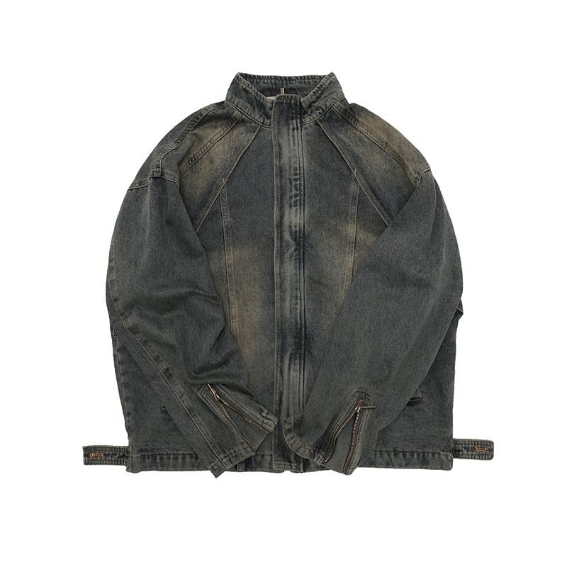 Ameriška moška jakna z opranim rumenim blatom in modrim stoječim ovratnikom_voghion.com