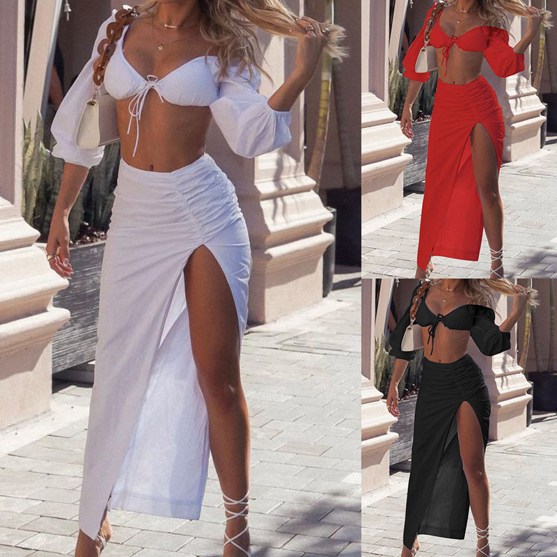 Damenbekleidung, einfarbig, sexy BH-Oberteil, unregelmäßiger halber Rock, Anzüge-Set_voghion.com