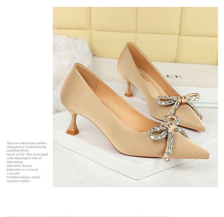 1961-H61 Wind Light Luxury Water Diamond Bow Tip Fine Middle Silk Wine Glass Heel Women's Single Shoe_voghion.com
